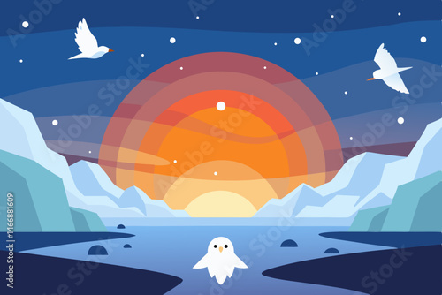 arctic tundra sunset with glowing ice and snowy 