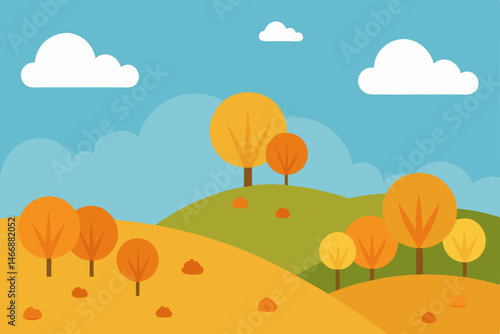 autumn hillside with scattered pumpkins and golden 