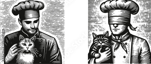 Set of Engraving Designs Chef with Tomato Sauce on Nose & Cat Licking Bowl Nearby - Whimsical Kitchen Art