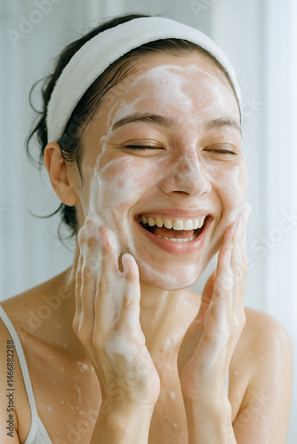 facial cleansing skincare of asian woman with foam and healthy glowing skin