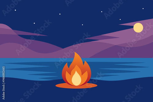 beach bonfire scene at twilight with waves gently .svg
