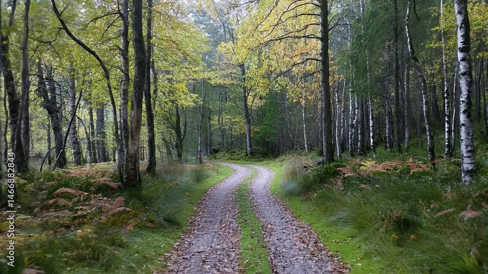 Forest Trail with Fallen Leaves Among Green and Yellow Foliage in Autumn Season Forest Trail with Fallen Leaves Among Green and Yellow Foliage in Autumn Season