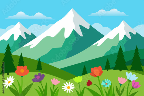 blooming wildflower meadow beneath snow capped