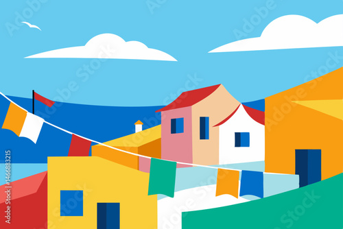 bright coastal village with colorful rooftops 