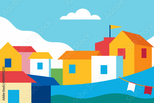 bright coastal village with colorful rooftops 