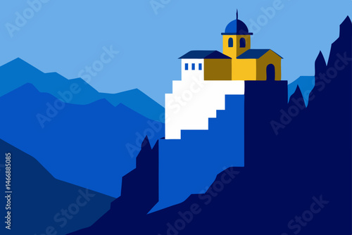 cliffside monastery overlooking a deep blue valley.svg
