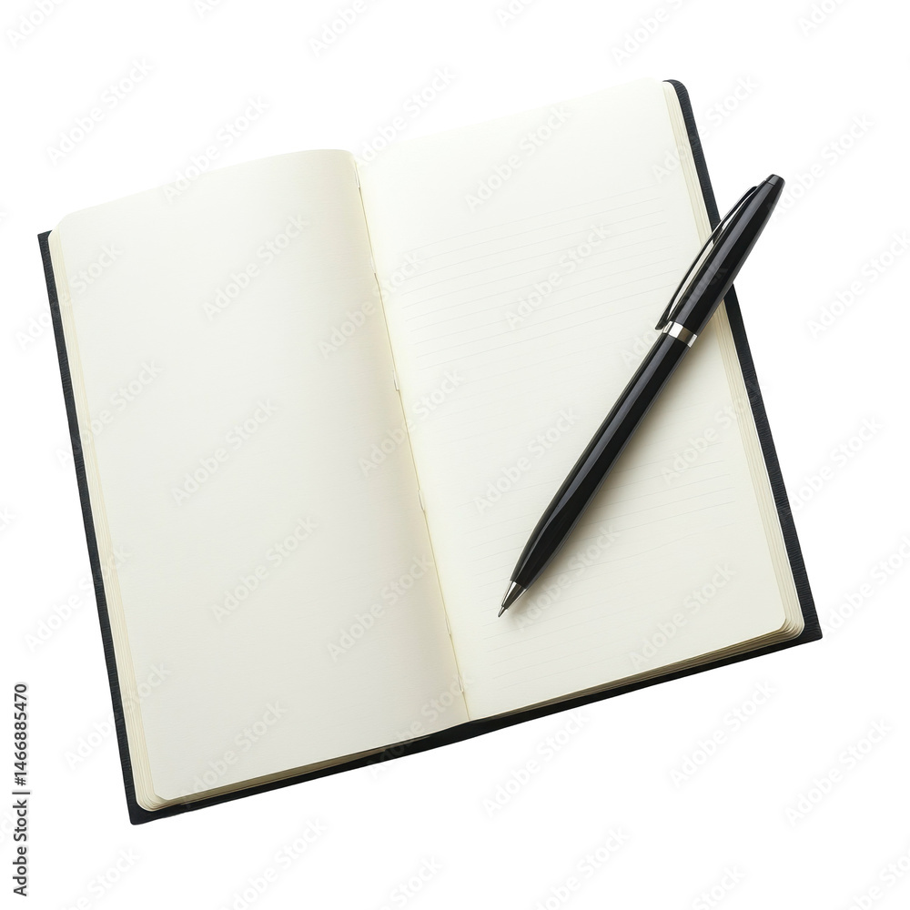 Open notebook with a pen, ideal for writing, journaling, or brainstorming in a minimalist setting. on transparent background Open notebook with a pen, ideal for writing, journaling, or brainstorming in a minimalist setting. on transparent background