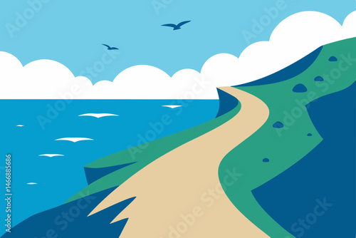 coastal path with crashing waves and sea birds ove.svg