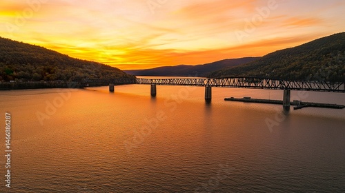 Wallpaper Mural A serene view of a lengthy bridge spanning a tranquil expanse of water, with golden-orange sunset hues and a few scattered clouds enhancing the scene.   Torontodigital.ca
