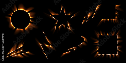 Bright yellow light frames appear in dynamic shapes. Circles, stars and lightning bolts flash with radiant energy. Perfect for adding intensity to tech designs.