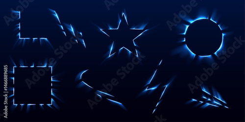 Glowing forms explode into geometric patterns of light. Neon effects create a futuristic and dramatic scene. Great for games or digital sci-fi elements.