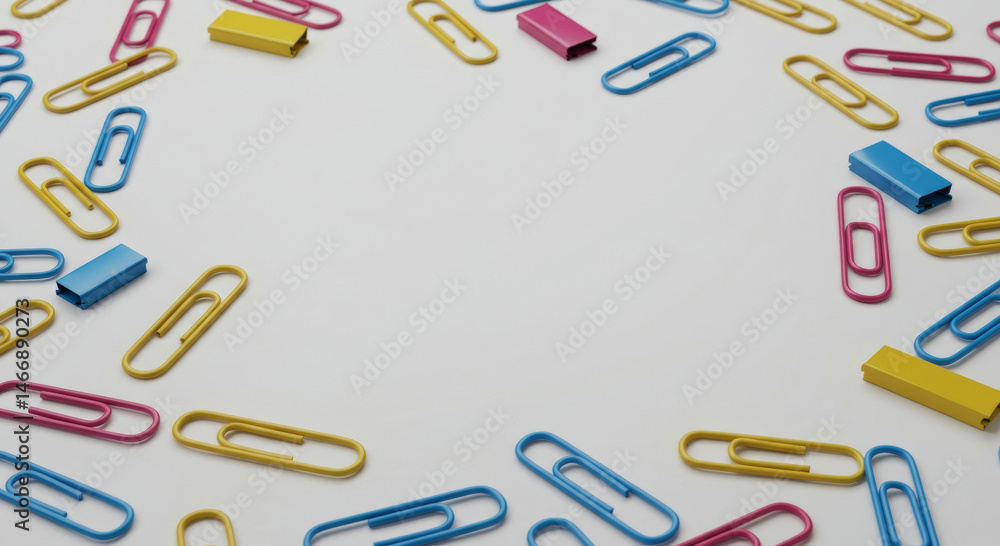 Fototapeta premium Colorful paperclips scattered on a white surface in various positions. Assorted paperclips in vibrant colors.