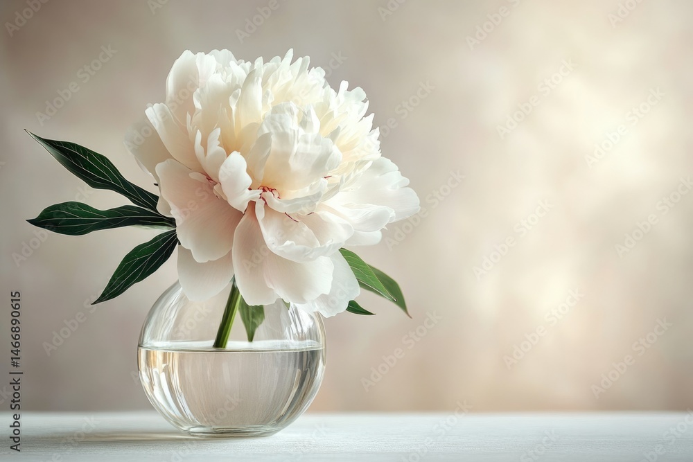 A single, elegant white peony in a clear glass vase against a soft, neutral background. A single, elegant white peony in a clear glass vase against a soft, neutral background.