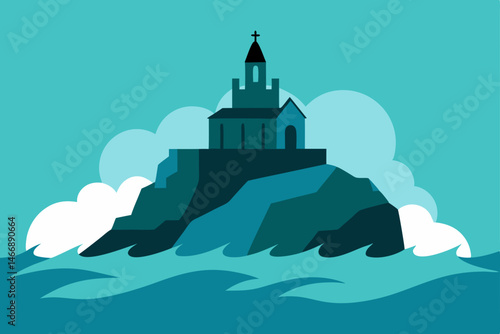 distant monastery on a rocky island surrounded
