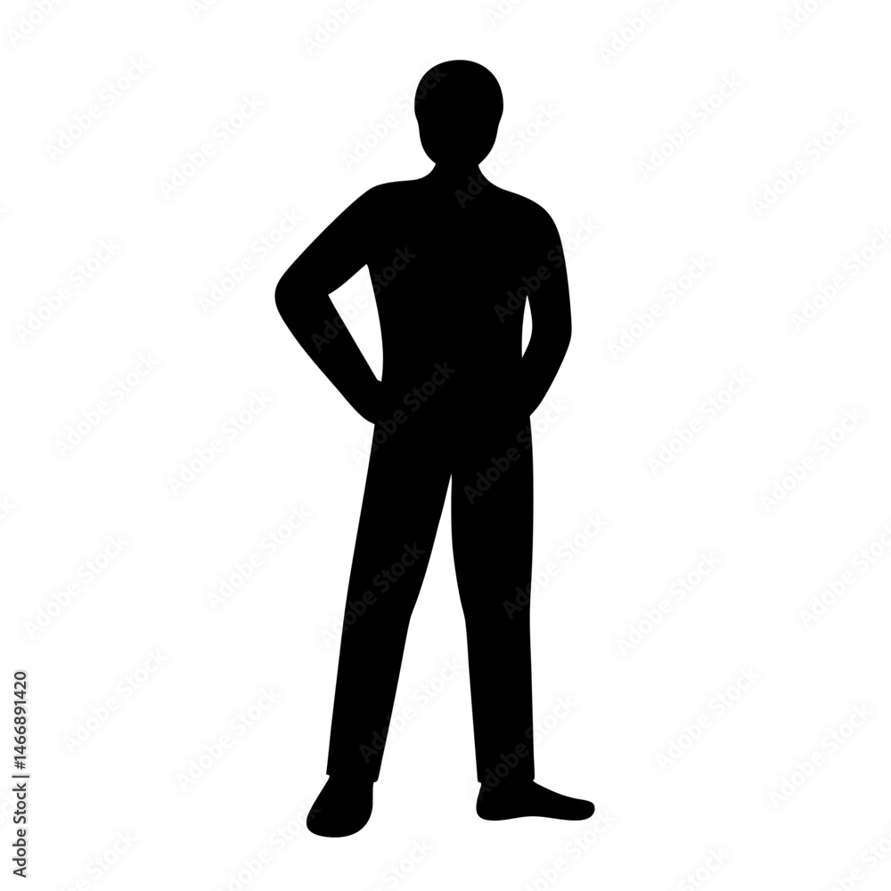 Silhouette of a confident man standing with hands on hips, solid black Silhouette of a confident man standing with hands on hips, solid black