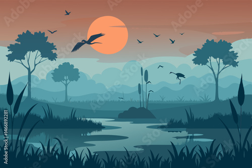 early sunrise over a tranquil misty swamp with her.svg