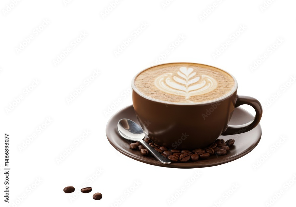 Fototapeta premium Cappuccino coffee cup with latte art and beans beverage photography