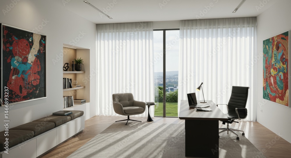 Modern Home Office Design with Natural Light - Contemporary home workspace, sunlight streams in, minimalist design, featuring artwork and comfortable seating, promoting productivity and serenity Modern Home Office Design with Natural Light - Contemporary home workspace, sunlight streams in, minimalist design, featuring artwork and comfortable seating, promoting productivity and serenity