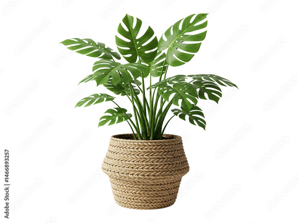 Fototapeta premium Monstera plant in a woven pot, home decor, isolated on white background