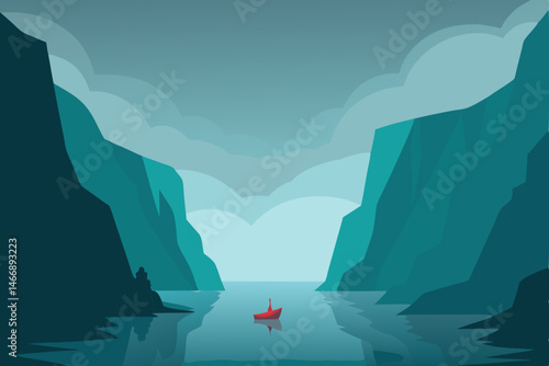 foggy fjord with lone kayaker and towering cliffs 