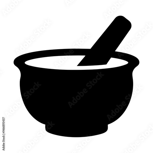Black silhouette of mortar and pestle on a white background