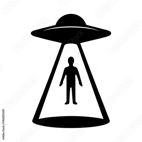 Simple black and white silhouette of a flying saucer abducting a human