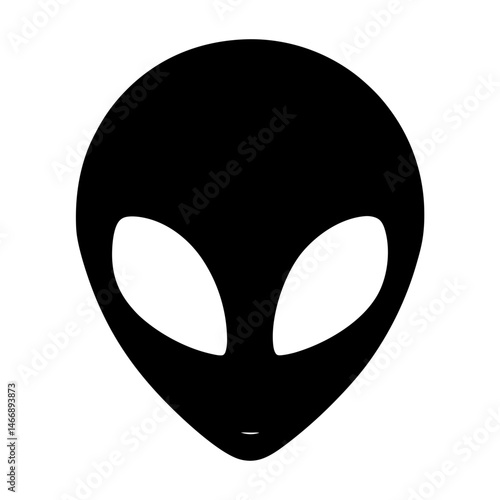 Monochrome depiction of a classic alien head silhouette with large eyes