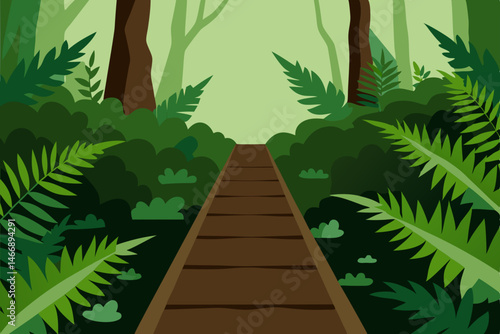 forest boardwalk with ferns and moss draped branch 