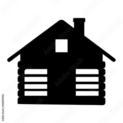 Black and white log cabin illustration with chimney and small window
