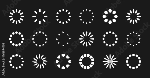 Loading icon set. Progress load, download upload indicator symbol. Circle white sign. Vector design element for an interface, app, project. Isolated on a black background.