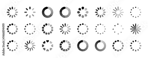Loading big icon set. Progress load, download upload indicator symbol. Circle black gray sign. Vector design element for an interface, app, project. Isolated on a white background.