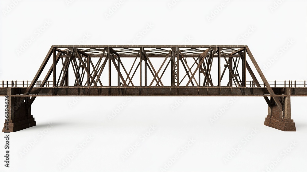Fototapeta premium A steel bridge with a weathered, rustic look, its intricate industrial design emphasized in fine detail against a plain white background. 