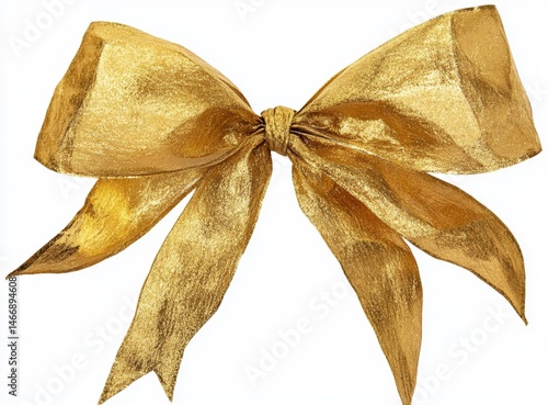 Gold Bow Decorative Element for Gift Wrapping Isolated on White Background with Transparent Clipping Path Cutout