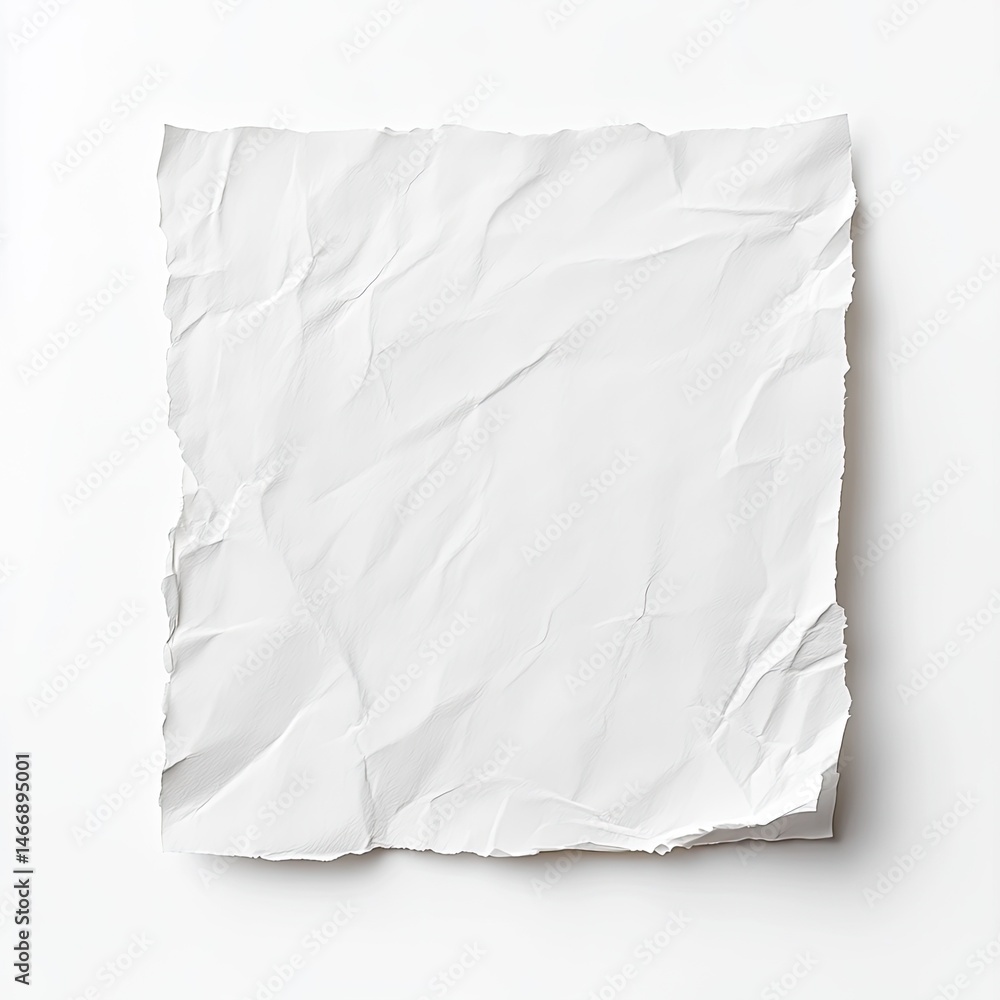 Square, crumpled white paper on a plain background. Wrinkled, textured surface Square, crumpled white paper on a plain background. Wrinkled, textured surface
