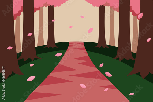 forest path with falling cherry blossom petals  .svg