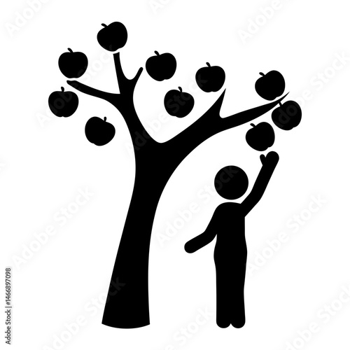 Stylized Silhouette of Person Reaching for Apples in a Fruit Tree