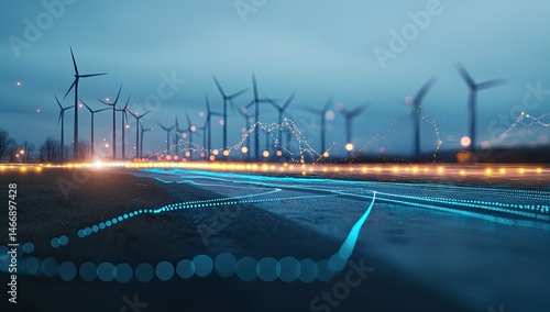 A wind farm at dusk, overlaid with abstract digital data streams representing energy flow.  A road runs through the field