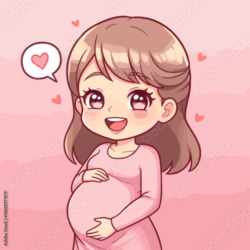 Happy Pregnant Woman Cradling Belly, Cute Cartoon Style