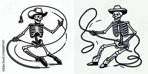 Skeleton as Cowboy Whipping lasso. Western Outline Clipart ink line art doodle vector illustration. Bony rancher brandishing rope undead icon with a cord implement.