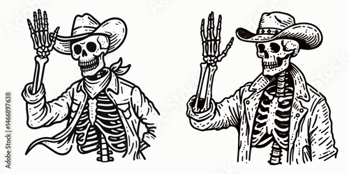 Skeleton as Cowboy Waving goodbye. Western Outline Clipart ink line art doodle vector illustration. Bony rancher figure gesturing farewell illustration desert concept.