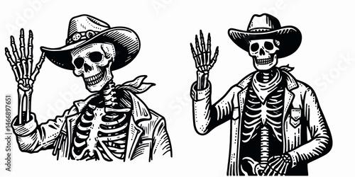 Skeleton as Cowboy Waving goodbye. Western Outline Clipart ink line art doodle vector illustration. Skeletal gunslinger bidding farewell a wild west icon departing with gesture.