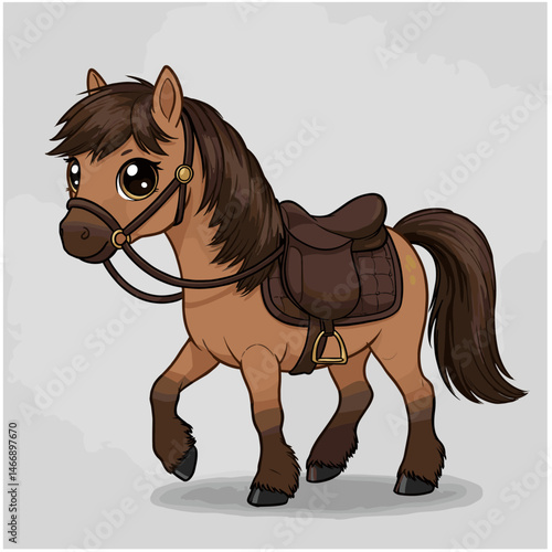 Cute brown pony with saddle and bridle cartoon illustration
