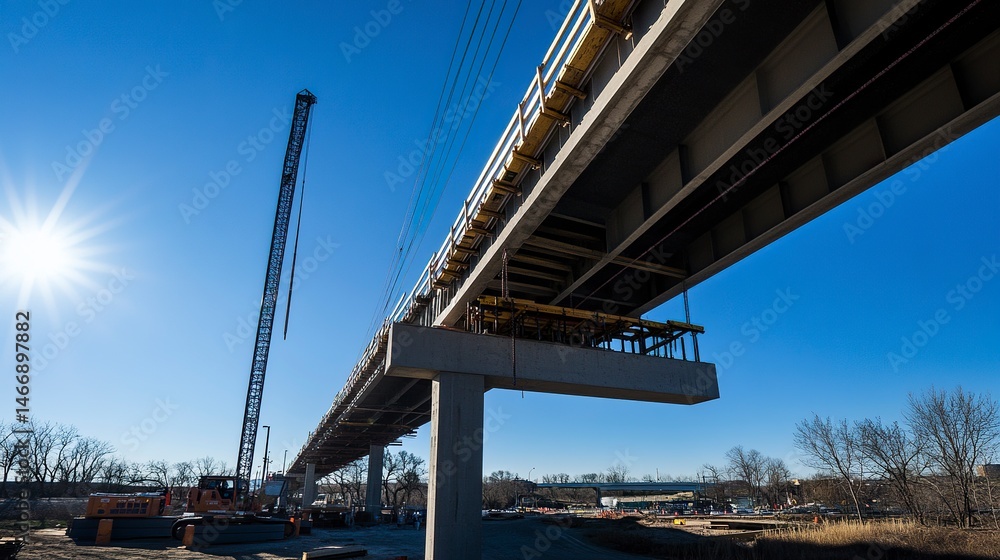 A stunning photograph of an under-construction bridge, cables and beams catching the sunlight, framed by a flawless blue sky. A stunning photograph of an under-construction bridge, cables and beams catching the sunlight, framed by a flawless blue sky.