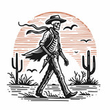 Skeleton as Cowboy Walking into the sunset. Western Outline Clipart ink line art doodle vector illustration. Bony gunslinger striding toward sundown concept twilight vista iconic imagery.