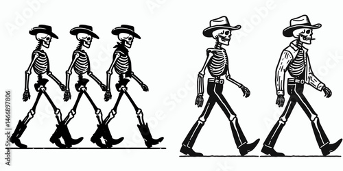 Skeleton as Cowboy Walking side by side. Western Outline Clipart ink line art doodle vector illustration. Bony gunslinger ambling jointly spectral figure pacing abreast.