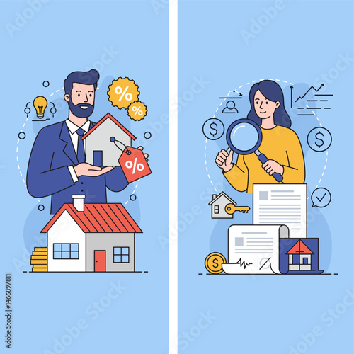 Real Estate Agent and Buyer: A real estate agent presents a house for sale, while a buyer inspects documents with a magnifying glass. This illustration depicts the process of buying a home.