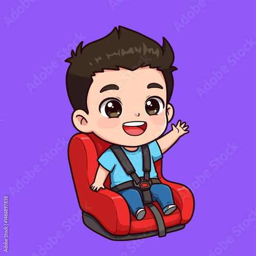 Cute cartoon boy waving happily in red car seat