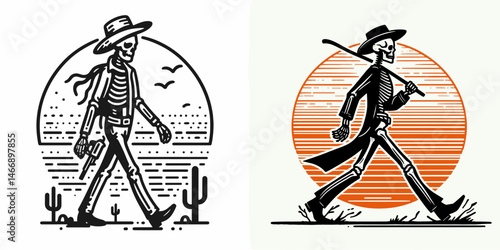 Skeleton as Cowboy Walking into the sunset. Western Outline Clipart ink line art doodle vector illustration. Bony vaquero stroll toward sundown a horizon scene of demise.