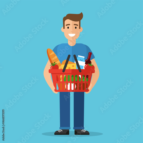 Smiling man holding a red shopping basket full of groceries