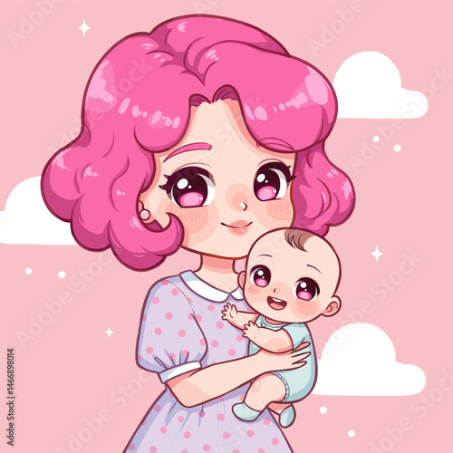 Loving mother with pink hair holding smiling cute baby